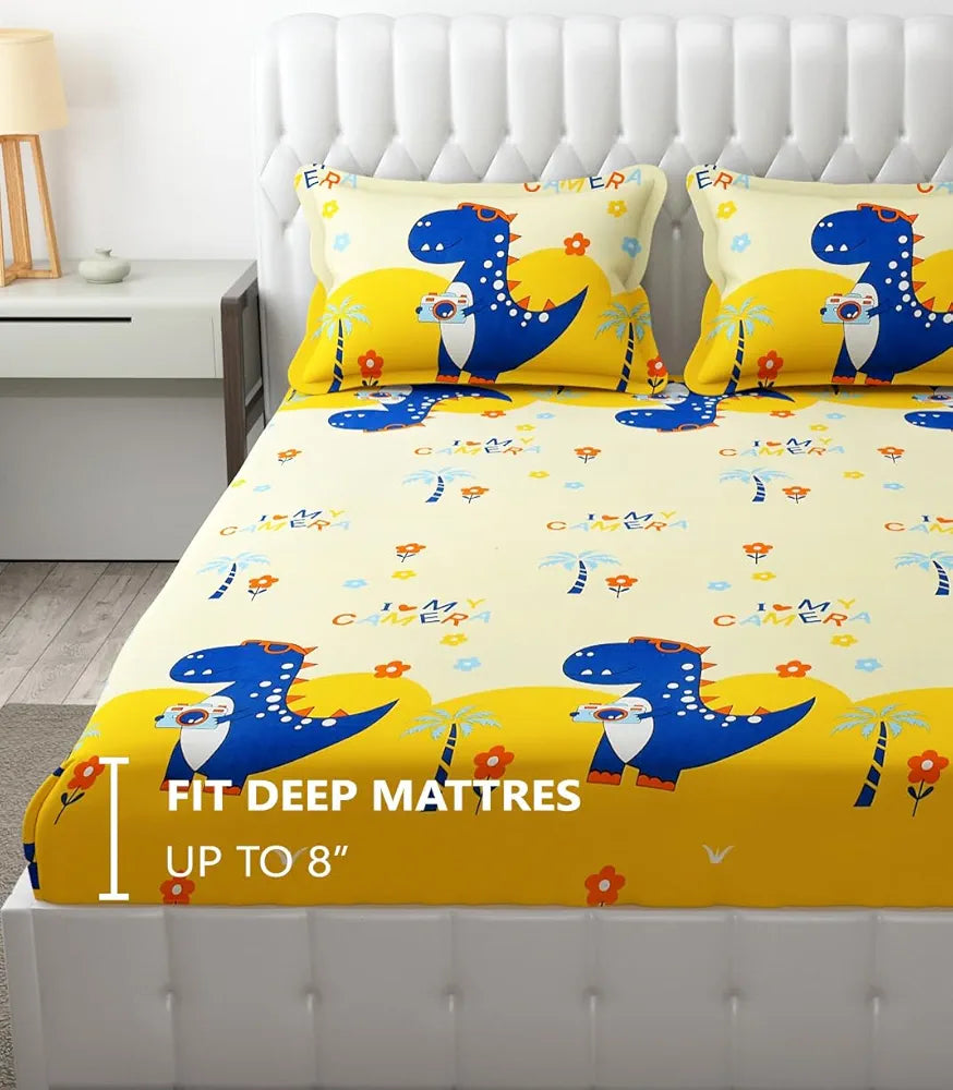 FRESH FROM LOOM Glace Cotton Wrinkle Free Soft Hypoallergenic Elastic Fitted Bed Sheet|Cartoon Printed|Bedsheet For Kids Room|Dino),144 Tc,Multicolor,Double Bed