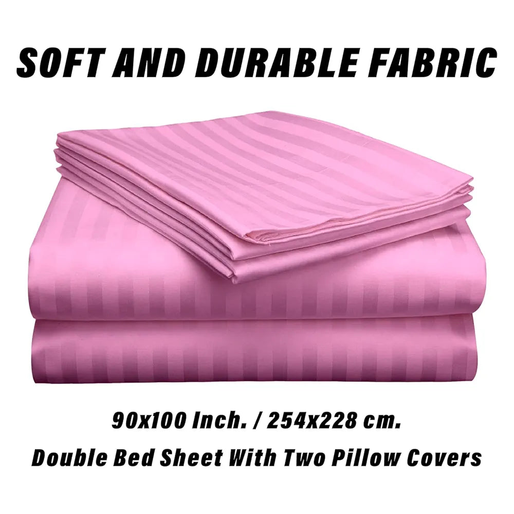 Kuber Industries Double Bedsheet with 2 Pillow Covers | 144 TC Glace Cotton Bedsheet | Satin Striped Bedsheet for Home | Hotel | Bedroom | 90x100 Inch | Pink
