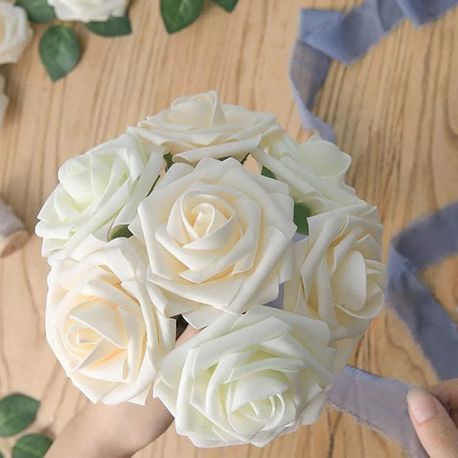 Artificial Flowers Champagne Roses W/Stem, Rustic Farmhouse Decor for Home Wedding Kitchen and Office Ideal Bridal Shower Party Home Decorations 25pcs