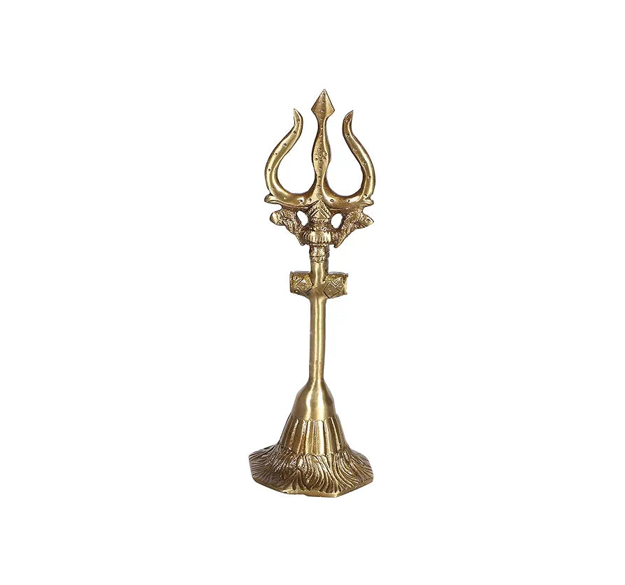 Two Moustaches 8 Inches Brass Shiva's Trishul with Damru, Antique Finish, Brass Mahadev Trishul with Damru Figurine, Shiva Trishul Statue, Solid Brass Heavy Weight 370 Grams, Standard, Pack of 1
