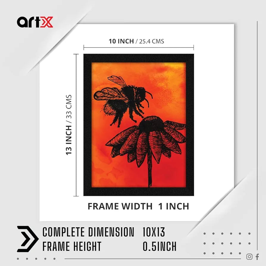 ArtX Paper Line Art Bee Sunflower Frame Wall Art Painting, Multicolor, Abstract, 10X13 inches, Set of 1