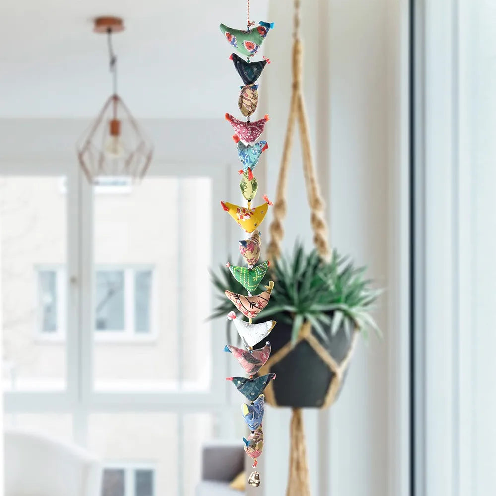 Kuber Industries Rajasthani Traditional Windchimes|15 Hanging Birds with Bell|Polyester Handcrafted Latkan|Decorative Door Hanging Latkan 