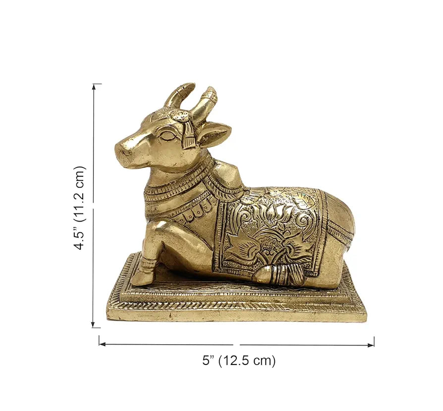Two Moustaches Lotus Engraved 5 Inches Brass Nandi Cow Over Base, Brass Nandi Idol, Statue for Home/Temple, Nandi Bull Statue, Standard, Pack of 1
