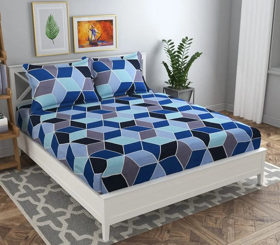 144 TC Prime Double Bedsheets with 2 Pillow Covers | Soft Brushed Microfiber -Long Lasting & Wrinkle Free - 3 Pcs Set| 225X223 Cm Or 7x7.5 Ft - Blue & Grey