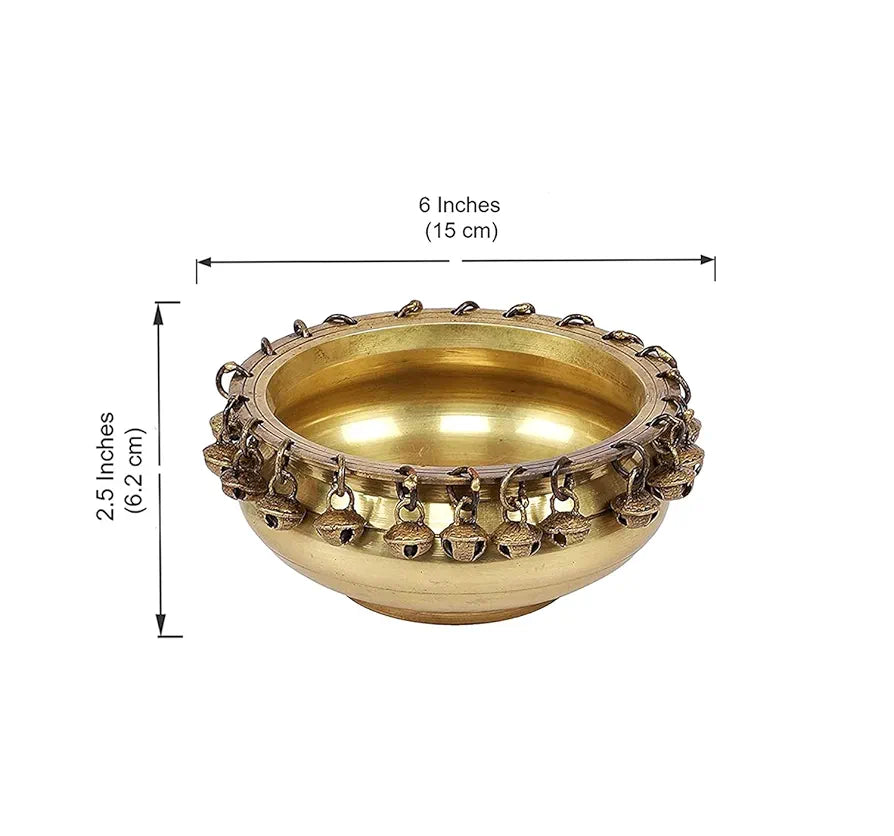 Two Moustaches Ethnic Traditional 6 Inches Brass Urli Bowl with Bells Showpiece, Brass Urli for Decor, Housewarming Gifts, Standard, Pack of 1