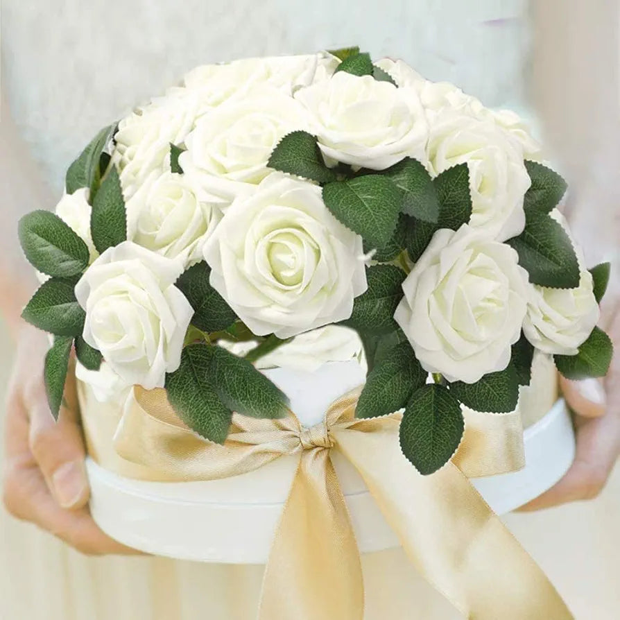 Higfra Artificial Flowers Cream Fake Roses Real Looking Foam Roses Flowers w/Stem for DIY Home Decoration Wedding Bouquets Centerpieces Arrangements Party Baby Shower - Cream