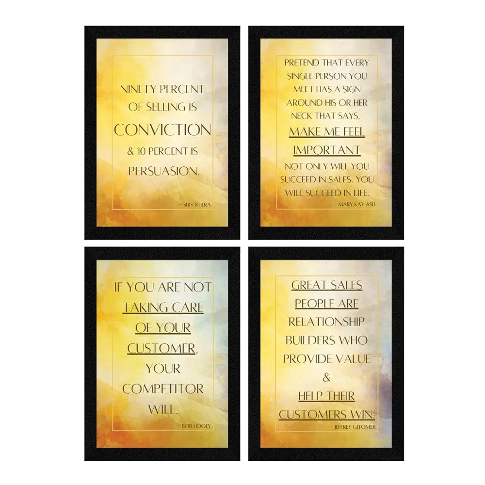 ArtX Paper Business Sales & Marketing Motivational Quotes Wall Frames, Inspiring Quotes For Home, Office and Study Room Decor, Multicolor Framed Posters, A4, Set of 4