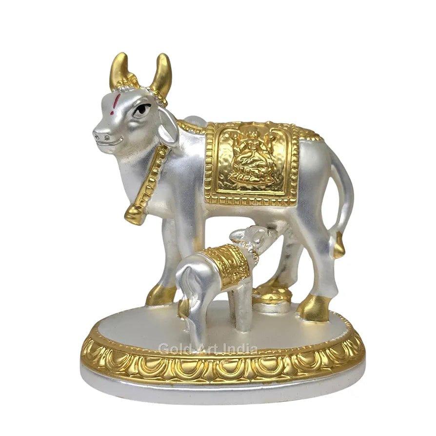 Gold Art India Kamdhenu Cow with Calf Idol Gold Silver Plated with Matte Finish | Home Decor Gaay Bachda Cow |Calf for Vastu | Positive Energy | Wealth Idol Diwali Puja | Housewarming 3.1 Inch