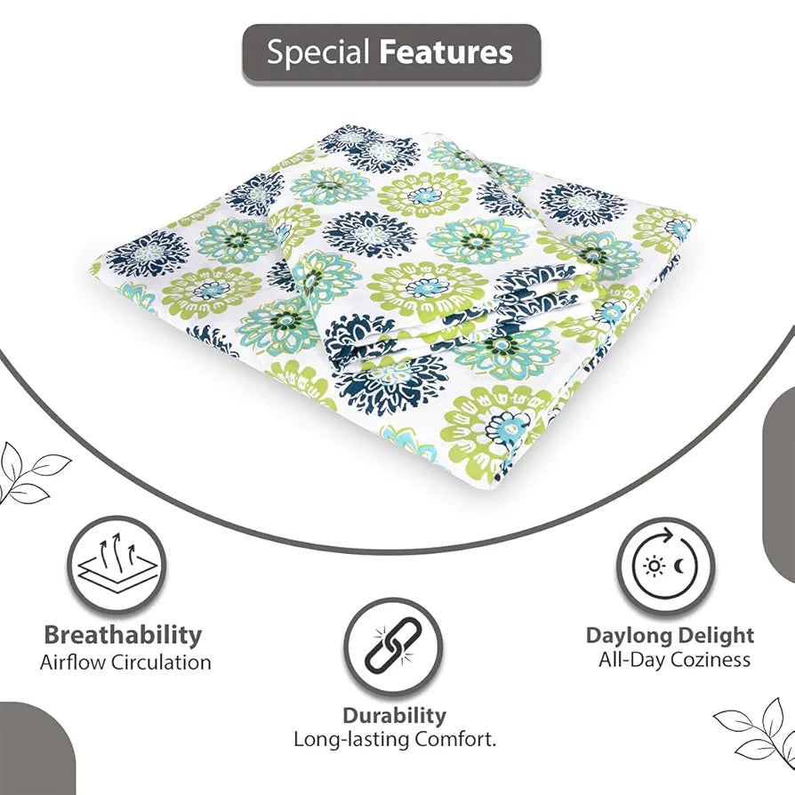 Divine Casa Double Size Bedsheet for Double Bed, 144 TC Pure Cotton Queen Size with 2 Pillow Covers | 222 by 254 cm | Floral | Green Blue