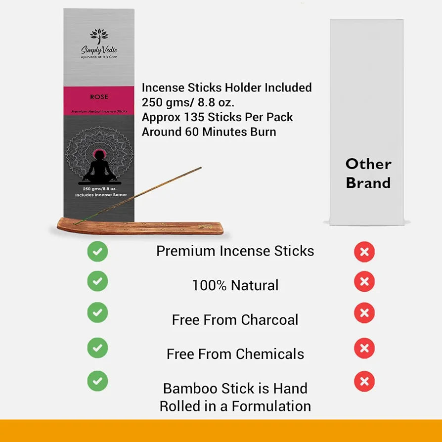 Simply Vedic Rose Incense Sticks 250g with Holder – 135 Hand-Rolled Agarbatti | Natural, Charcoal-Free, Long-Lasting Floral Aroma for Meditation, Yoga, Aromatherapy, Spiritual Healing & Gift Use