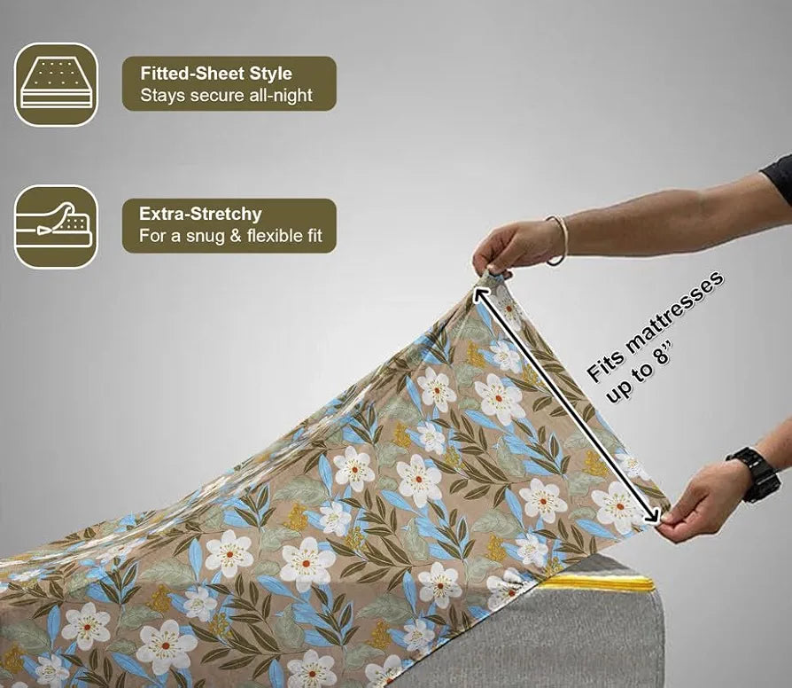 Waterproof Fitted Bedsheet for King Size 78x72+10 inch | Leakproof, Noiseless, Skin-Friendly | Elastic Bed Sheet with 2 Pillow Covers | Dustproof & Breathable -Green & White