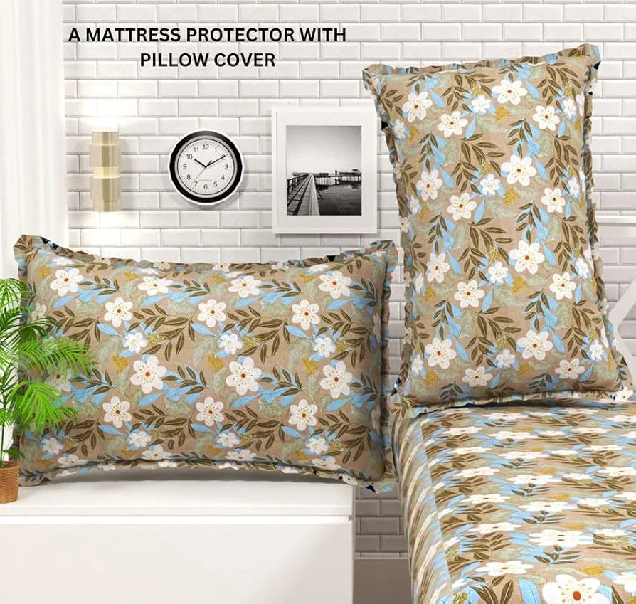 Waterproof Fitted Bedsheet for King Size 78x72+10 inch | Leakproof, Noiseless, Skin-Friendly | Elastic Bed Sheet with 2 Pillow Covers | Dustproof & Breathable -Green & White