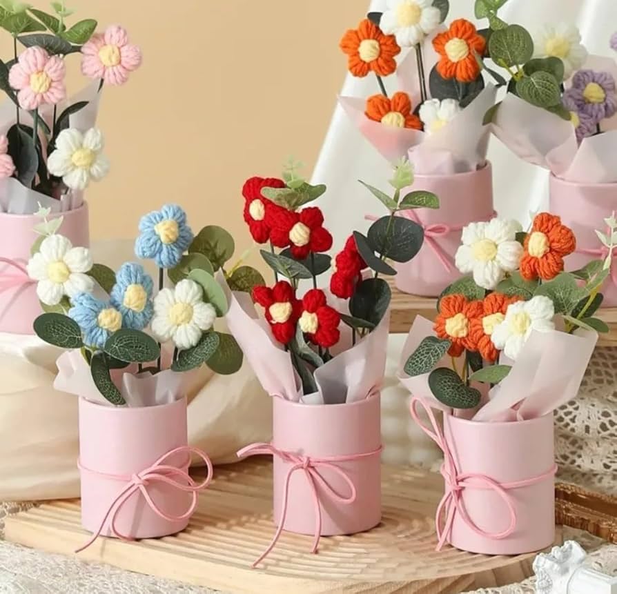 VRB Dec 1pcs Artificial Crochet Flower Bouquet/Artificial Flowers Bunch/Crochet flowers bouquet/Crochet flowers/Flowers Bouquet Gift for Girls Home Decor,gifting,etc. 
