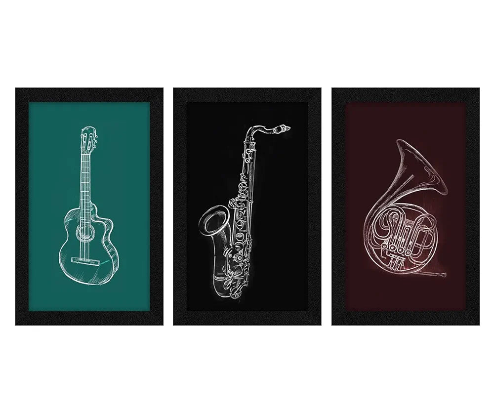 ArtX Paper Music Instruments Wall Art Painting, Framed Paintings 13 X 25.5 inches, 8.5 X 13 each, Multicolor, Set of 3 