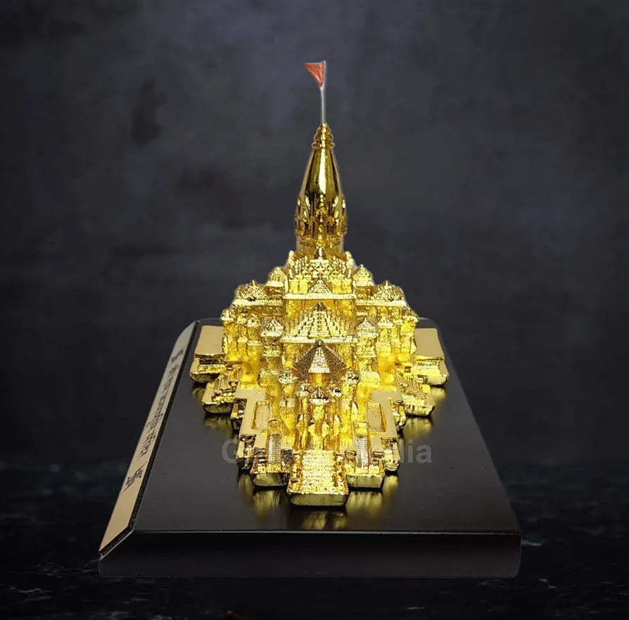 Gold Art India Ram Mandir Ayodhya Gold Plated 24 Karat - Minature for Car Dashboard, Gifting, Puja Room, Office Desk, Home Decor 