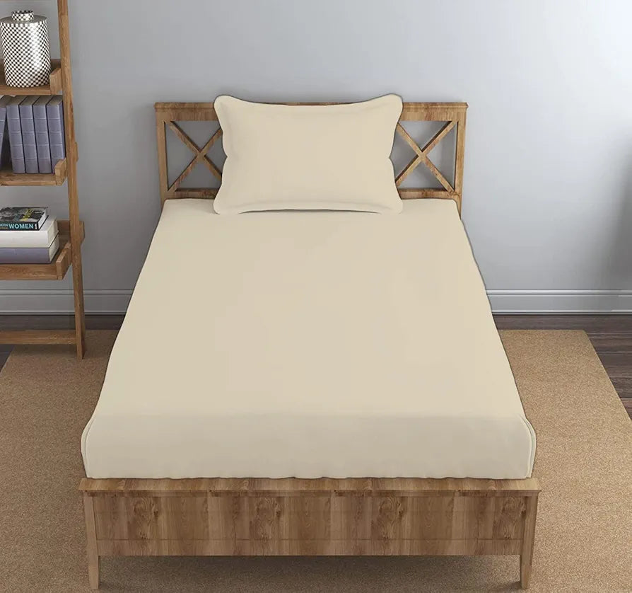 Trance Home Linen 100% Cotton 78x36 inch Single Elastic Fitted Bedsheet | 400TC Premium Single Bed Size Plain Fitted Elastic Bed Sheet with 1 Pillow Cover 