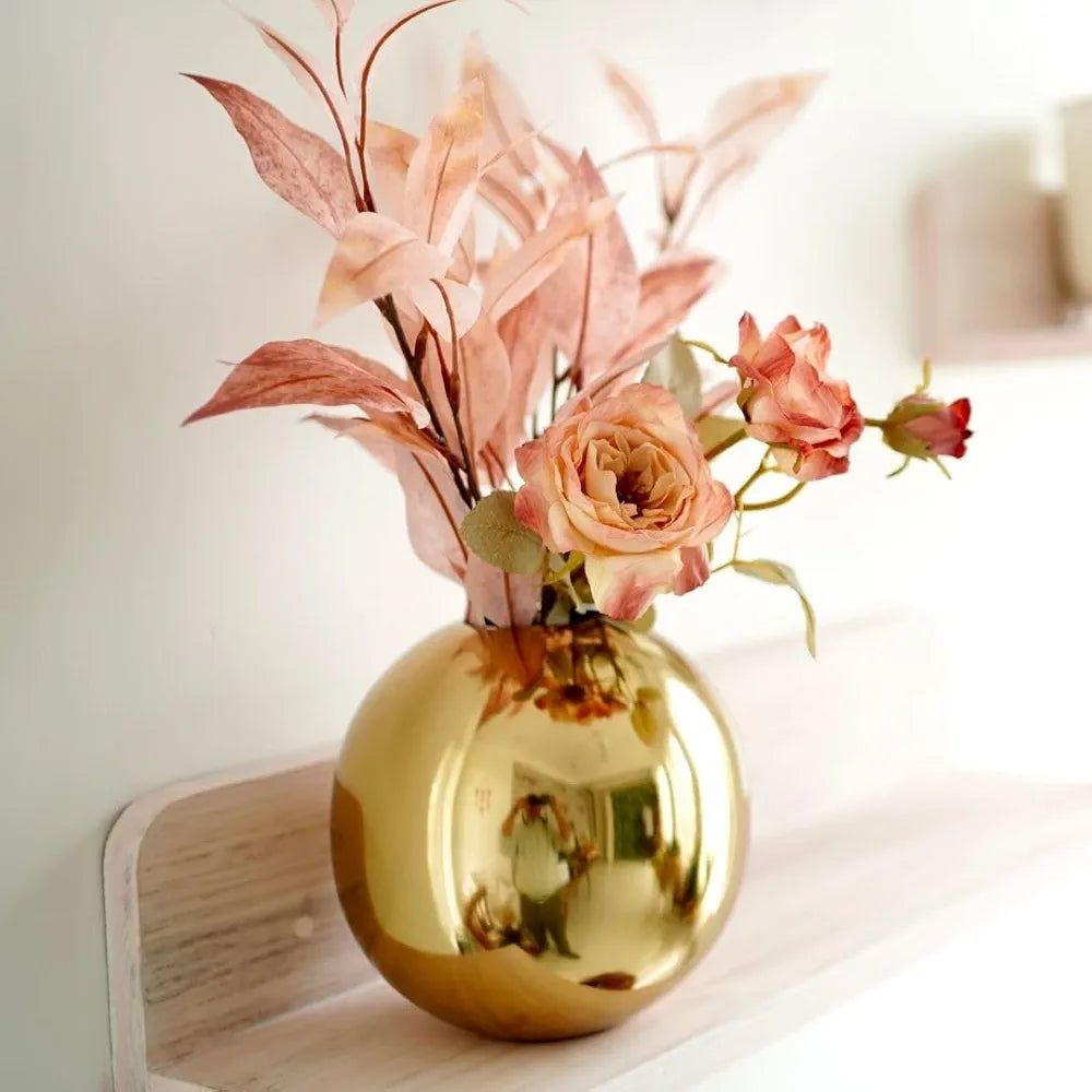 BEHOMA Metal Ball Round Flower Vase for Home Decor|Table Decorative Item for Bedroom Living Room Office Wedding | Best Gift for Birthday Anniversary Festival | Gold, Medium 