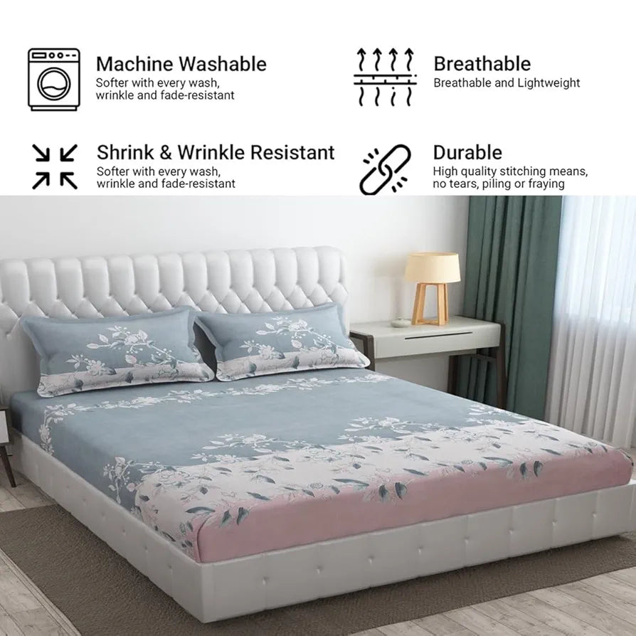 FRESH FROM LOOM Bedsheet Microfiber for Double Bed King Size | Floral Design Bed Spread with 2 Pillow Covers | Wrinkle Free Hypo-Allergenic Bedsheets/Bedcover , 144 TC
