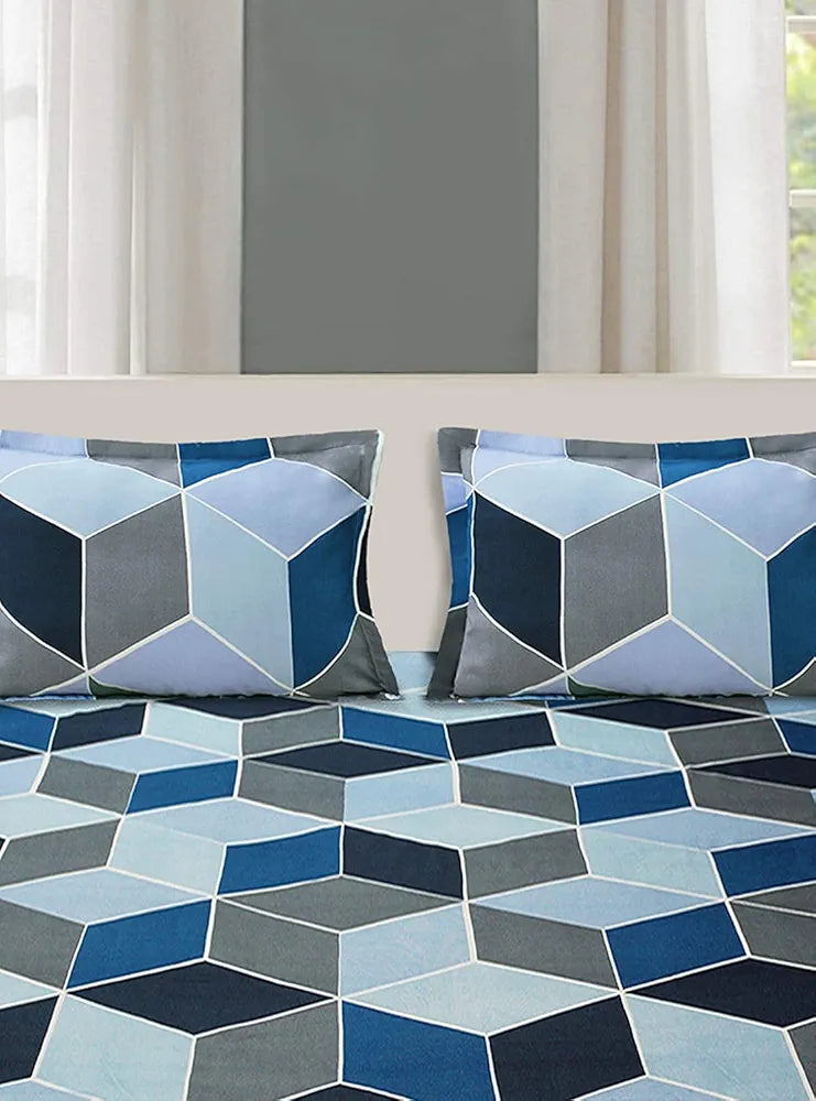 THE HOME STYLE Cotton Feel Glace Cotton All Around Elastic Fitted Printed King Size Double Bed Bedsheet With 2 Pillow Cover,300 TC