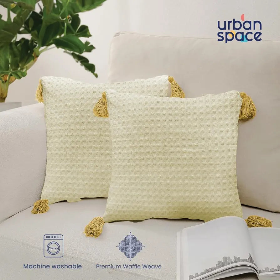 Urban Space Waffle Cotton Cushion Cover Set of 2, 16 inch x 16 inch Cushion Covers for Sofa, Bedroom, Living Room 