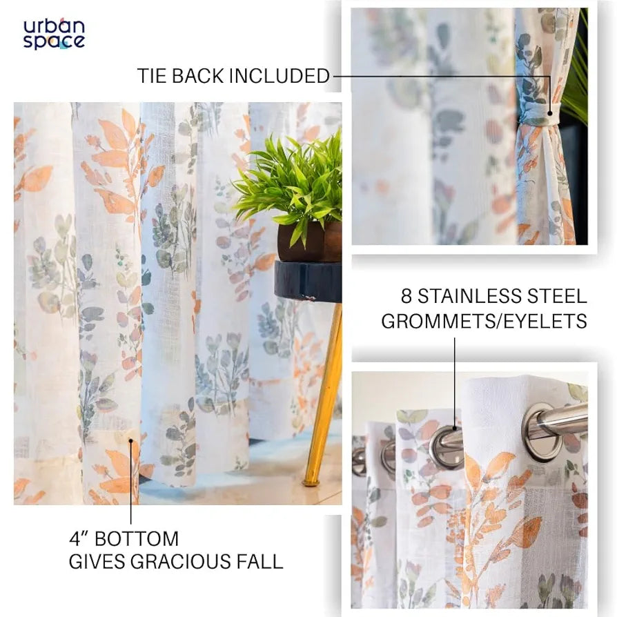 Urban Space Sheer Curtains for Door, 35-40% Light Filtering Linen Textured Curtains with Eyelets and TieBack for Bedroom, Set of 2 Decorative Curtains