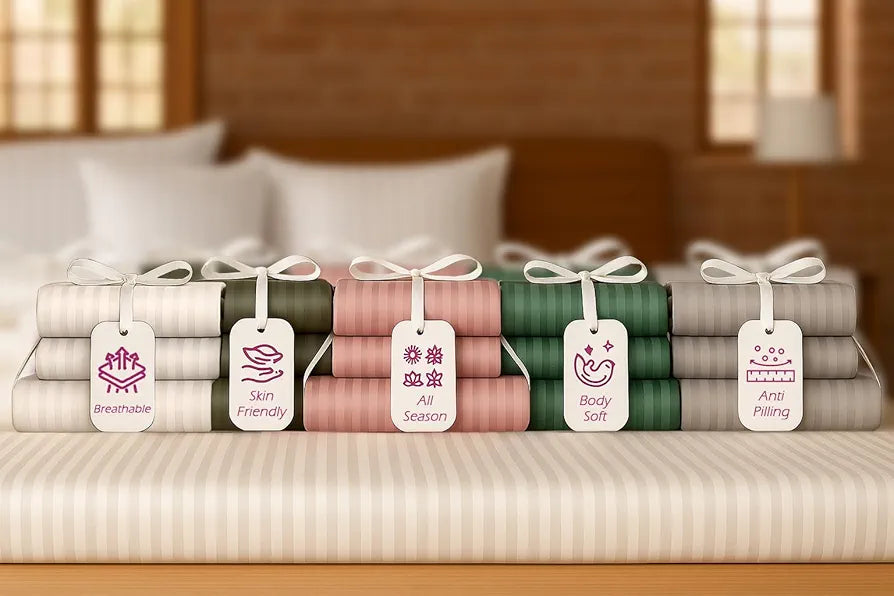 Trance Home Linen 100% Cotton 78x72 inch King Fitted 200TC Satin Stripe Elastic Fitted Bedsheet | Bedroom Hotels Daily Use Fitted Bedspread with 2 Pillow Covers 