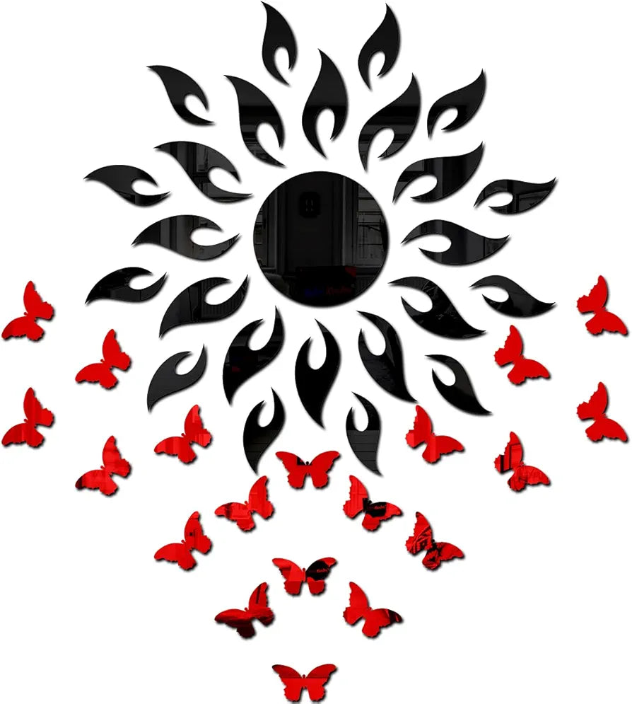 Bikri Kendra - Sun Black with 20 Red Butterfly - 3D Acrylic Mirror Stickers for Wall