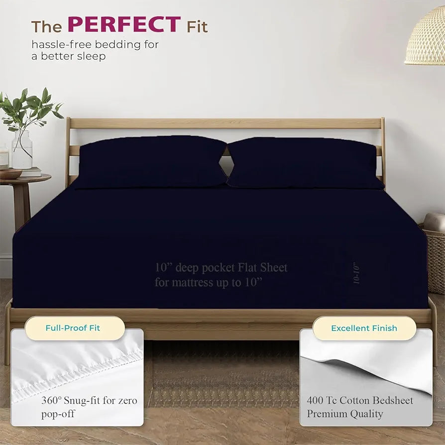 Trance Home Linen 100% Cotton 78x72 inch King Elastic Fitted Bedsheet | 400 Thread Count Premium Hotel Quality Fitted Plain Elastic Bedsheet with 2 Pillow Covers 