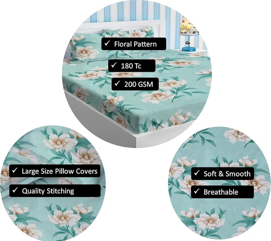 Premium Cotton Elastic Fitted Bedsheets with 2 King Size Pillow Covers Double Bed with All Around Elastic Supersoft Size - 72 x 78 +10 inches Flower Print Light Green 200 tc - 220 tc