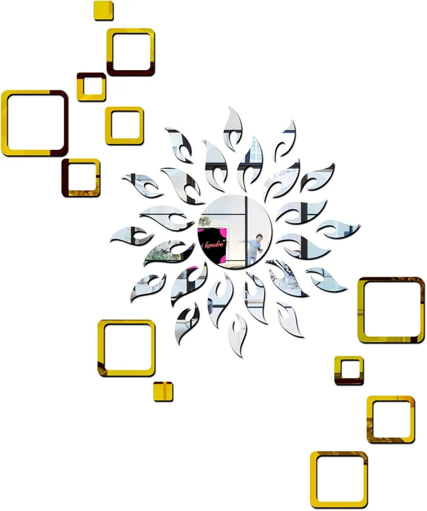 Bikri Kendra - Sun Silver with 12 Square Golden 3D Mirror Wall Stickers