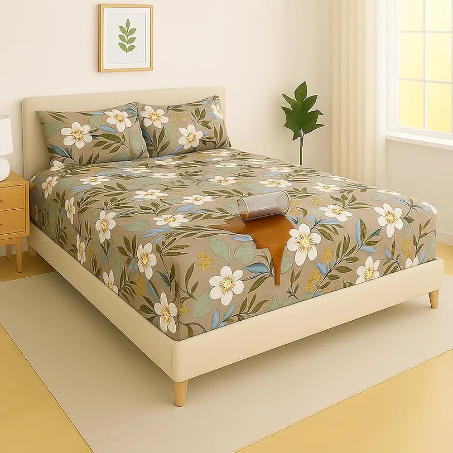 Waterproof Fitted Bedsheet for King Size 78x72+10 inch | Leakproof, Noiseless, Skin-Friendly | Elastic Bed Sheet with 2 Pillow Covers | Dustproof & Breathable -Green & White