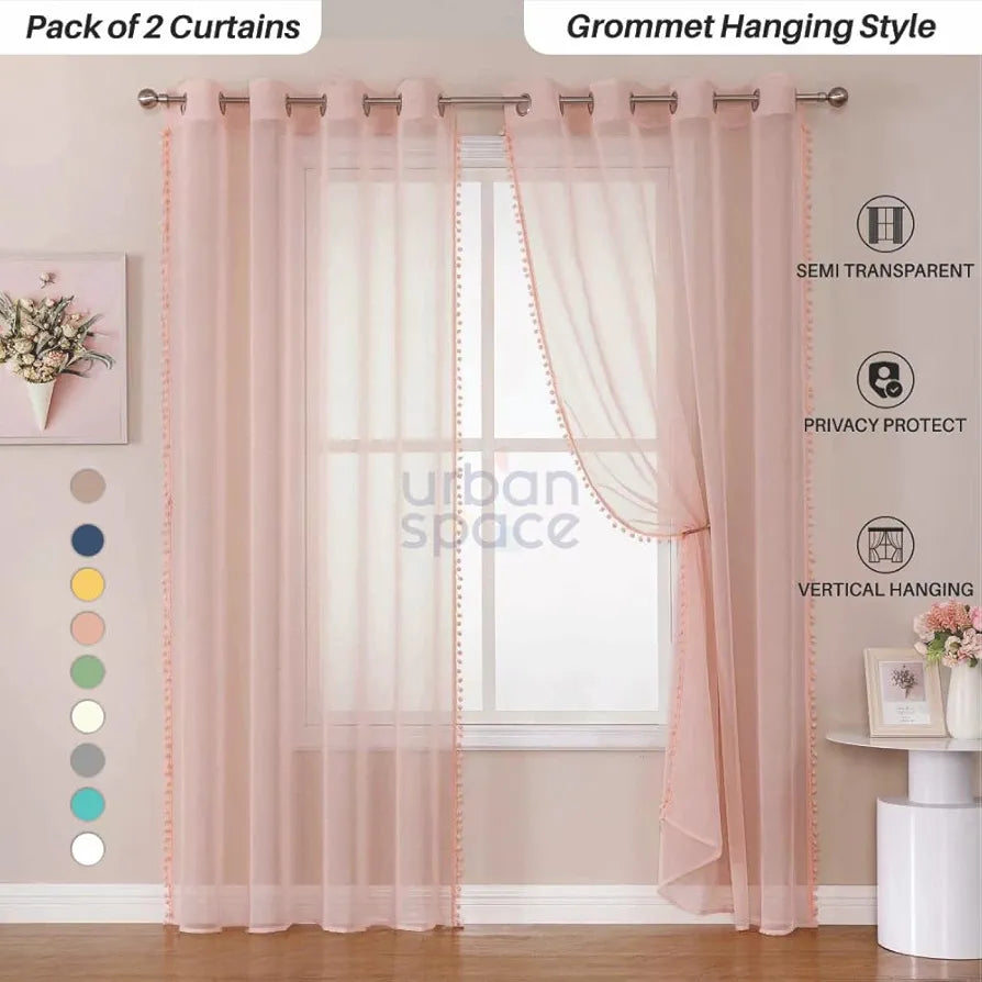 Urban Space Linen Textured Sheer Curtain for Door Living Room,Readymade Curtain with Rod Pocket, Set of 2 Decorative Curtains - Blush Pink with Pom pom 