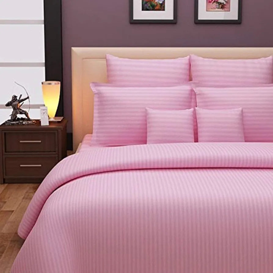 Purav Light Microfiber Flat Double Bed Bedsheet| Plain Striped Cotton Bedsheet with 2 Pillow Covers for King Size Bed| Supersoft 340 TC| Breathable| Size: 90x100 inch| Pink Color
