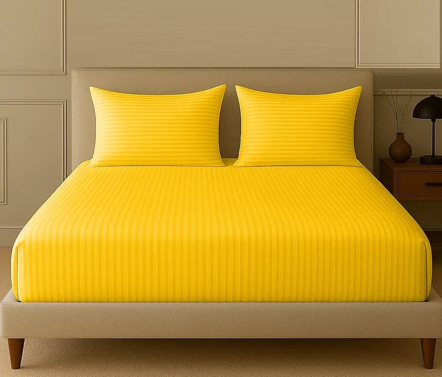 Trance Home Linen 100% Cotton 78x72 inch King Fitted 200TC Satin Stripe Elastic Fitted Bedsheet | Bedroom Hotels Daily Use Fitted Bedspread with 2 Pillow Covers 