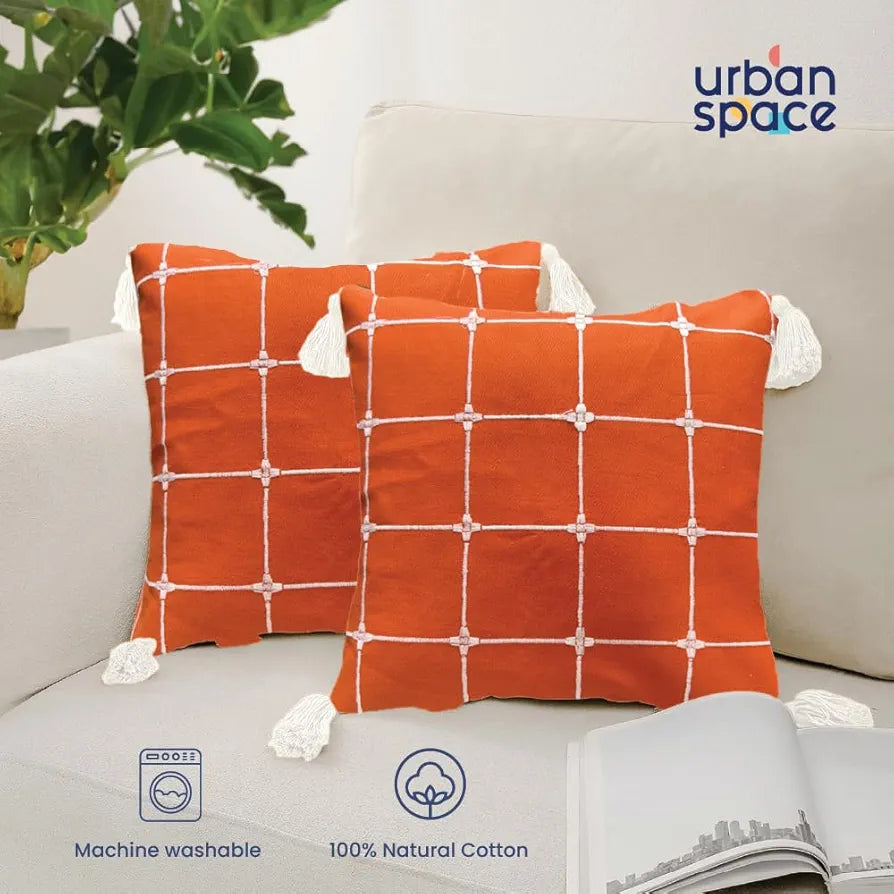 Urban Space Embroidered Cotton Cushion Cover Set of 2, 16 inch x 16 inch Cushion Covers for Sofa, Bedroom, Living Room 