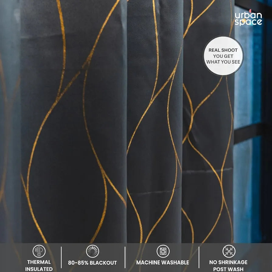 Urban Space Blackout Curtain for Living Room, Gold Foil Printed Luxurious 80-85% Blackout Decorative Curtain Eyelet with Tieback Curtains for Home Decor, 1 Piece 