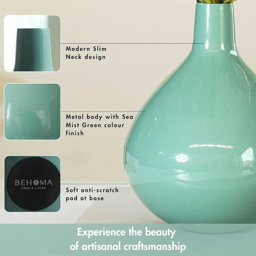 BEHOMA Metal Round Flower Vase for Home Decor Bedroom Living Room Office Wedding|Table Decorative Item for Festivals Birthday Sea Mist Green Tall Vase 