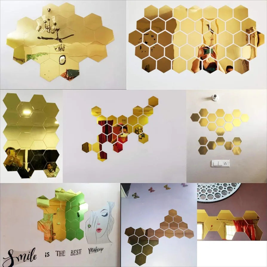 Bikri Kendra - Hexagon 20 Golden Stickers for Wall, Hexagon Mirror, Acrylic Mirror Sticker, Hexagonal Wall Sticker,