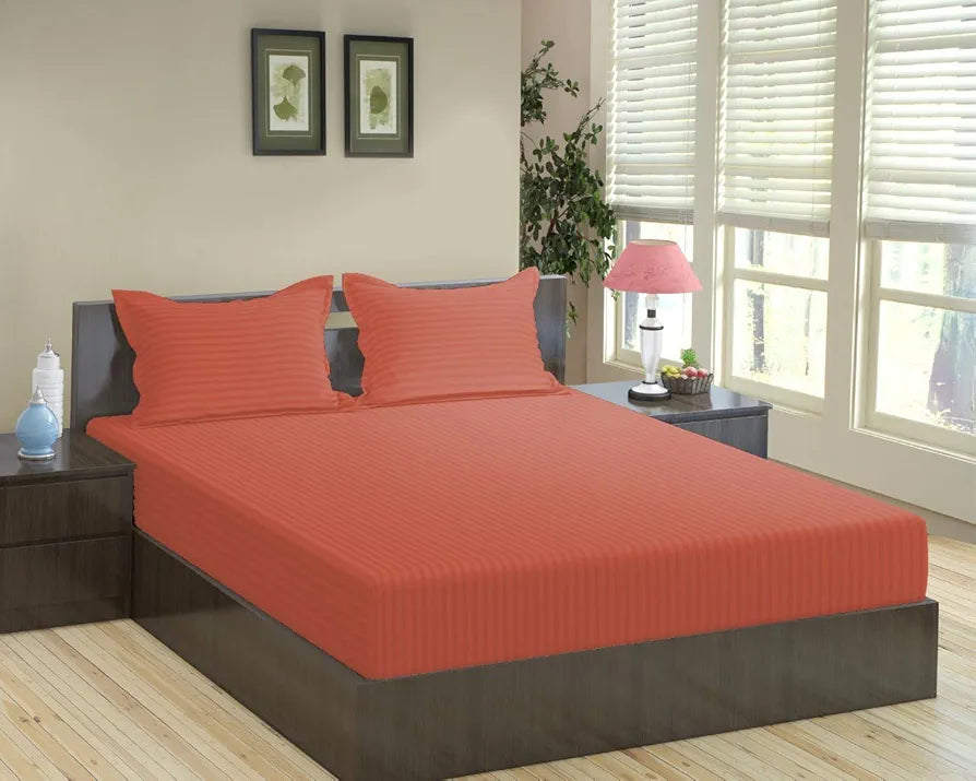 Trance Home Linen 100% Cotton 78 x 66 inch 200TC Satin Stripe Elastic Fitted Bedsheet | Incredible smooth finish Daily Use Double Bed Fitted Bedspread with 2 Pillow Covers 