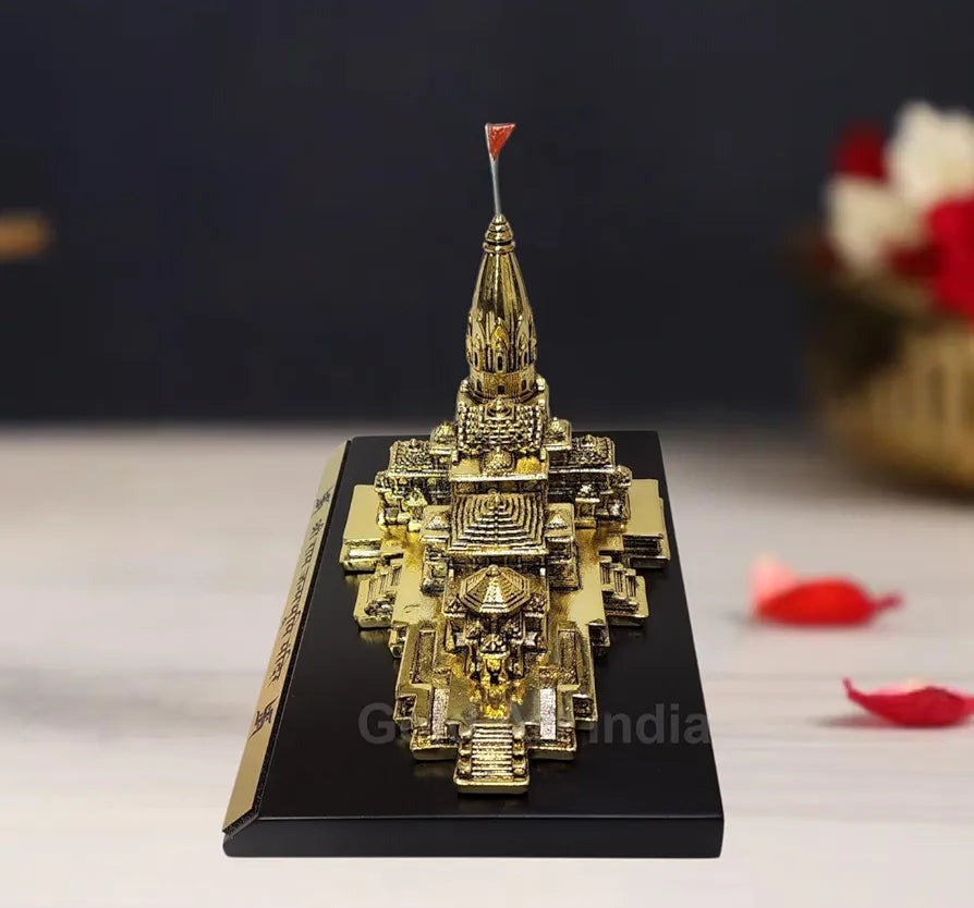 Gold Art India Ram Mandir Ayodhya Gold Plated Antique - Minature for Gifting, Puja Room, Office Desk, Home Decor 