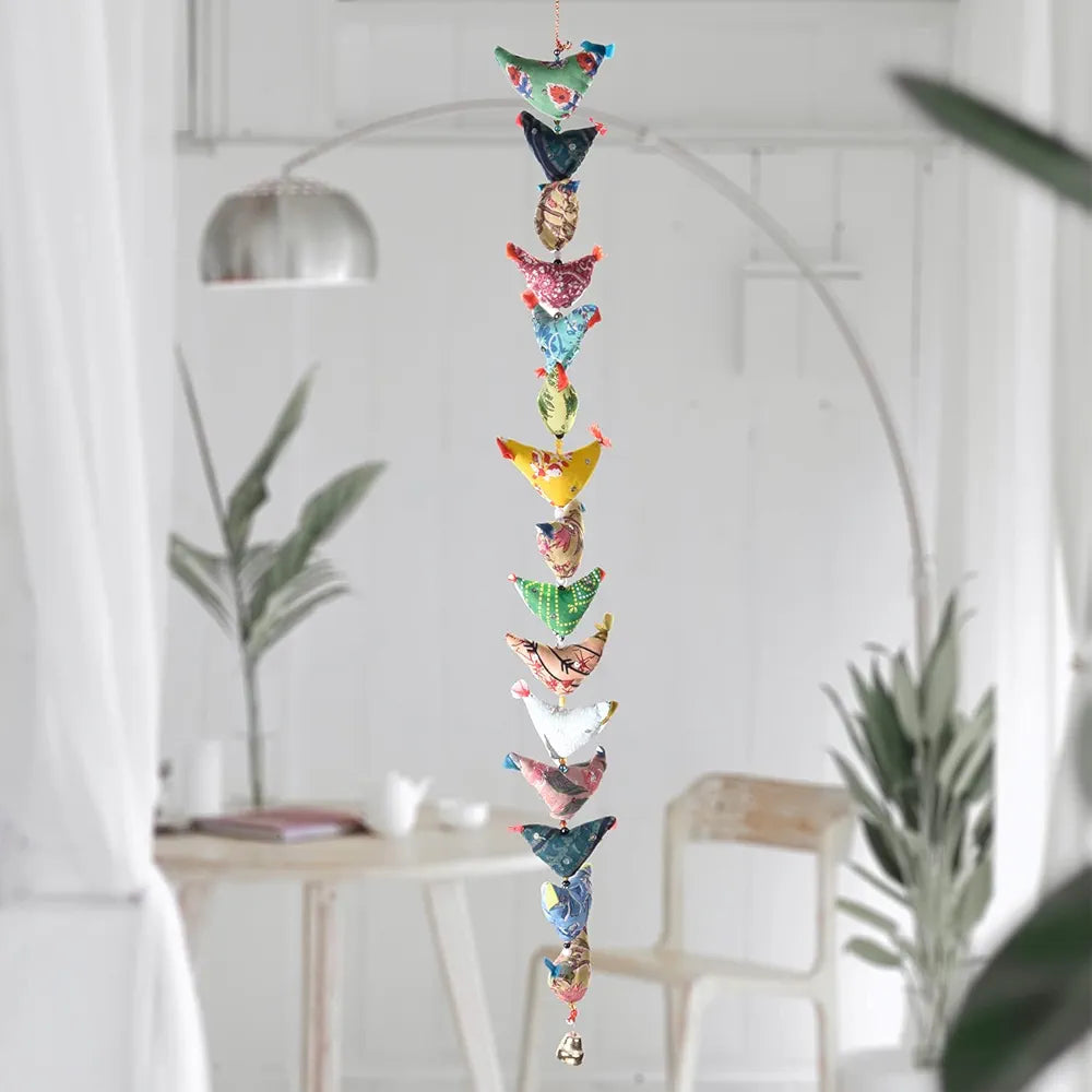 Kuber Industries Rajasthani Traditional Windchimes|15 Hanging Birds with Bell|Polyester Handcrafted Latkan|Decorative Door Hanging Latkan 