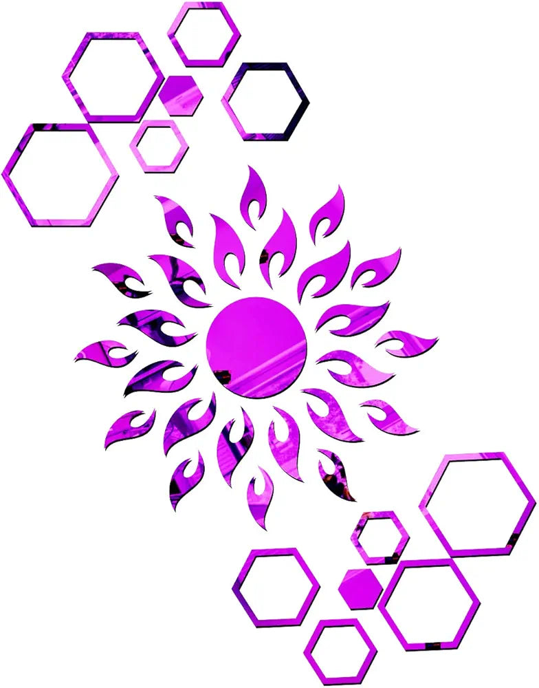 Bikri Kendra Ind - Sun with 12 Hexagon Rings  Mirror Stickers for Wall, Acrylic Sticker for Wall