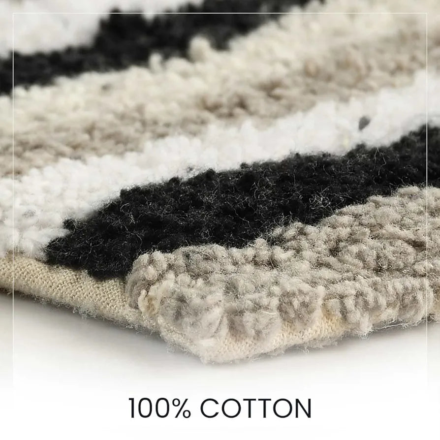 SASHAA WORLD Striped Anti-Skid Bathmat & Contour Set | Ultra Soft, Highly Absorbent, Ideal for Bathroom & Home Use, 2-Piece Set with Rectangle & Contour Mats | 50x80 cm, Black, White & Grey
