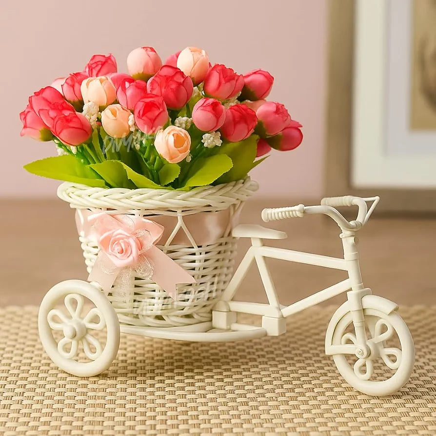 Divyakosh Artificial Peony Bunches Flower Basket with Decorative Tricycle Planter | Pink & Peach Faux Flowers with Wicker Basket | Home Decor, Table Centerpiece, Gifting