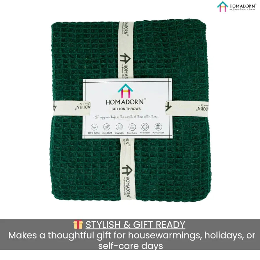 HOMADORN Waffle Weave Cotton Throw Blanket – Lightweight, Breathable & Cozy for Sofa or Bed  Bottle Green