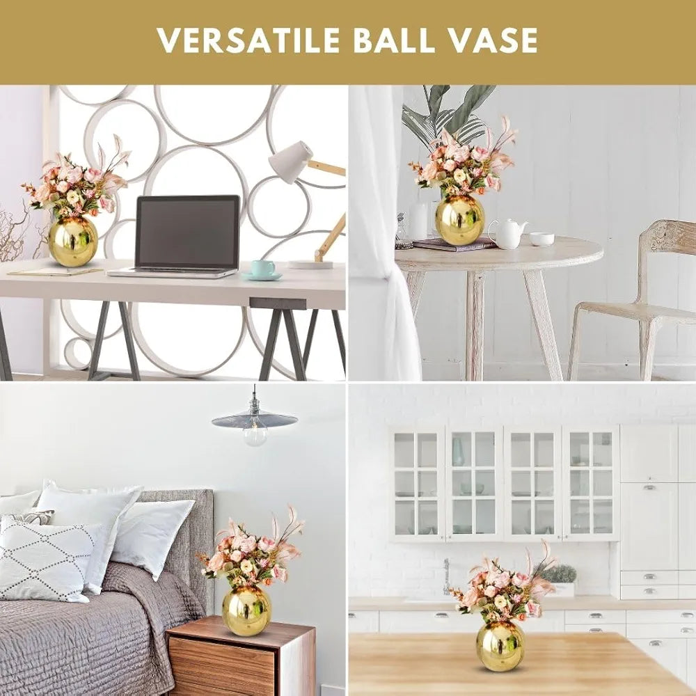 BEHOMA Metal Ball Round Flower Vase for Home Decor|Table Decorative Item for Bedroom Living Room Office Wedding | Best Gift for Birthday Anniversary Festival | Gold, Medium 