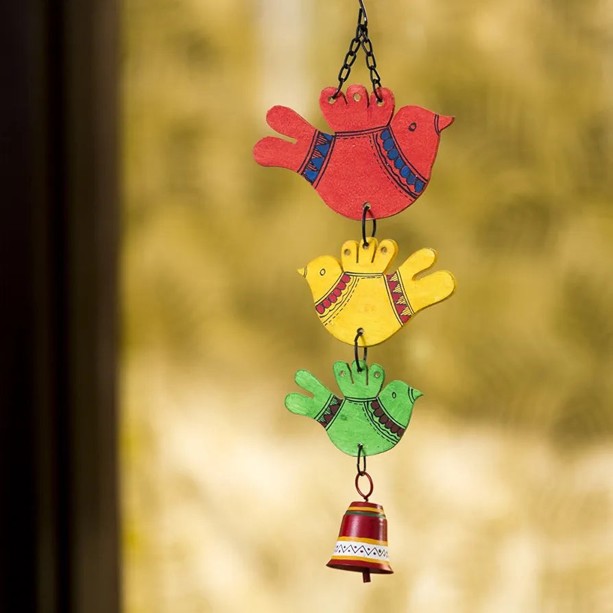ExclusiveLane 'Birds and Bell' Garden Balcony Wall Decorative Hanging and Wind Chimes for Home with Good Sound  , Multicoloured, Standard