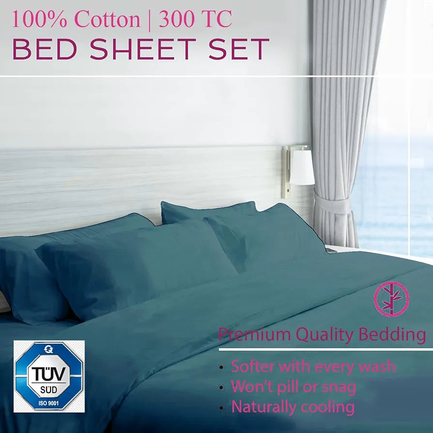 Trance Home Linen Premium 300 TC Pure 100% Cotton King Fitted Bedsheet With 2 Pillow Solid Covers,Elasticated 78 X 72 Inches / 198 X 182 Cms / 6.5 X 6 Feet Pillow Covers Size: 28 X 17.5