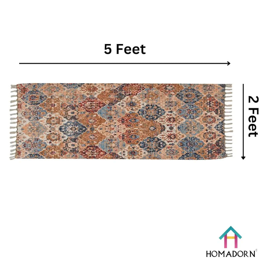 HOMADORN Handmade Sustainable Printed Modern Dhurrie/Rugs/Carpet Upcycled from Fabric for Living Room/Bedside Runner for Enhanced Décor 