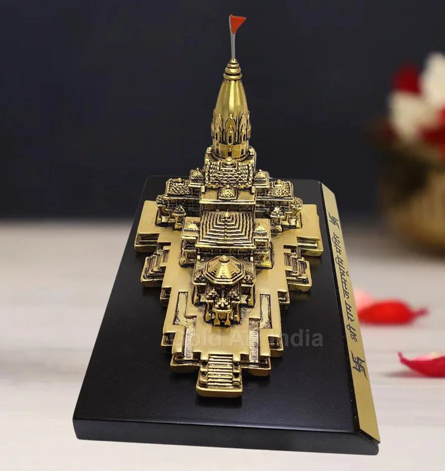 Gold Art India Ram Mandir Ayodhya Gold Plated Matte - Minature for Gifting, Puja Room, Office Desk, Home Decor 